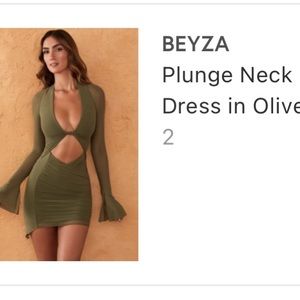 Oh Polly Beyza Plunge Neck Long Sleeve Mini Dress in Olive
